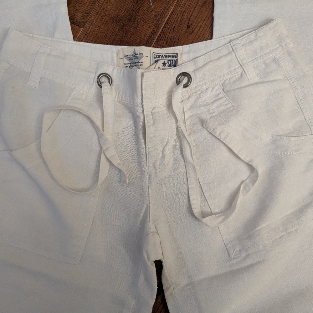EUC Ladies Converse One Star ⭐ White Linen Cotton Wide Leg Drawstring Pants Sz 4 - Picture 3 of 10